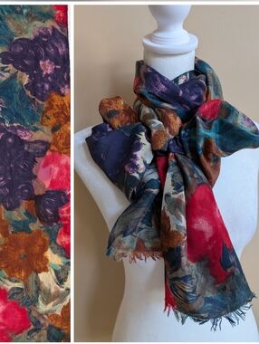 NY Studio Silk Scarf Abstract Floral Fringe Vintage